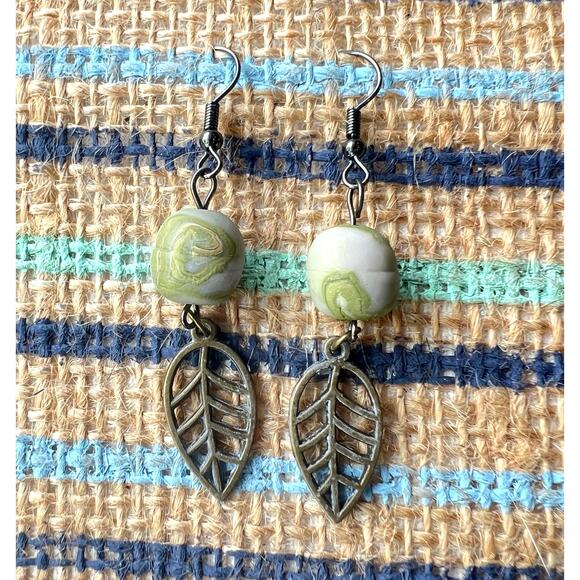 Artisan Brass Leaf with Green Swirl Clay Bead Dangle Earrings 2.5" Long - Picture 3 of 4